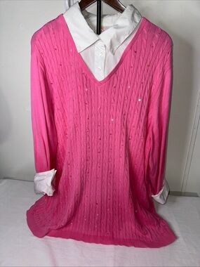 Quacker Factory Pink Sweater Layered with White Collared Shirt